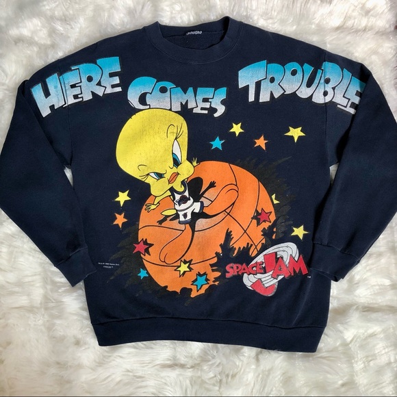 Space Jam Looney Tunes Tweety Bird Vintage 90s Dark Blue Sweatshirt Size M/L? - Picture 2 of 10
